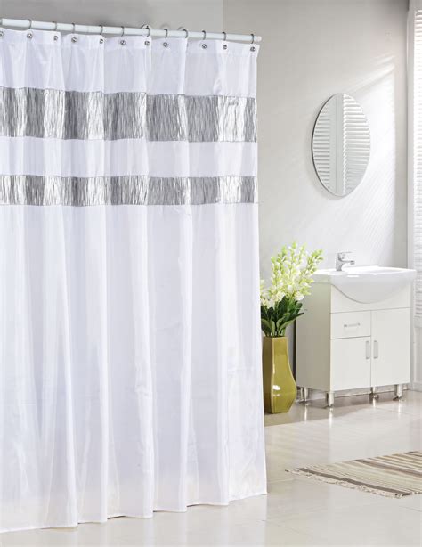 metallic stripe silver fabric shower curtain|shower curtains with metal grommets.